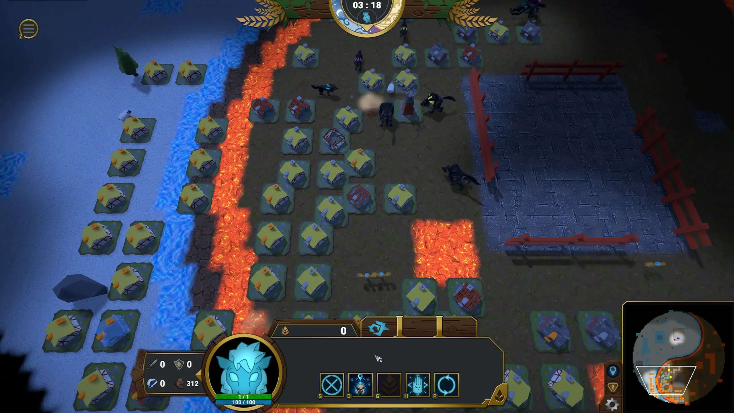 A night-time volcanic map where lava and water cut through the farms as a Wolf closes in.